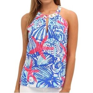Lilly Pulitzer Silk Rogan Keyhole Halter Blue Pink White Top Women Size XS